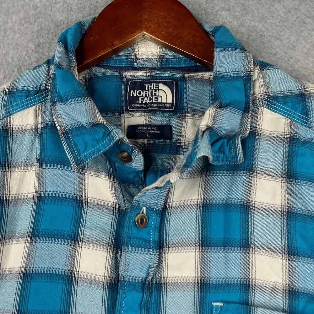 The North Face Shirt Teal White Check Casual Pocket Button Up Short Sleeve L